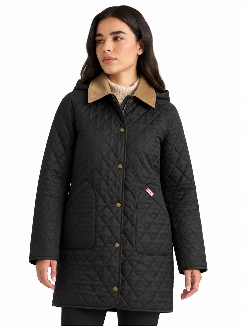 ๐ Hunter Alison Long Quilted Jacket Black Detachable Hood Size M